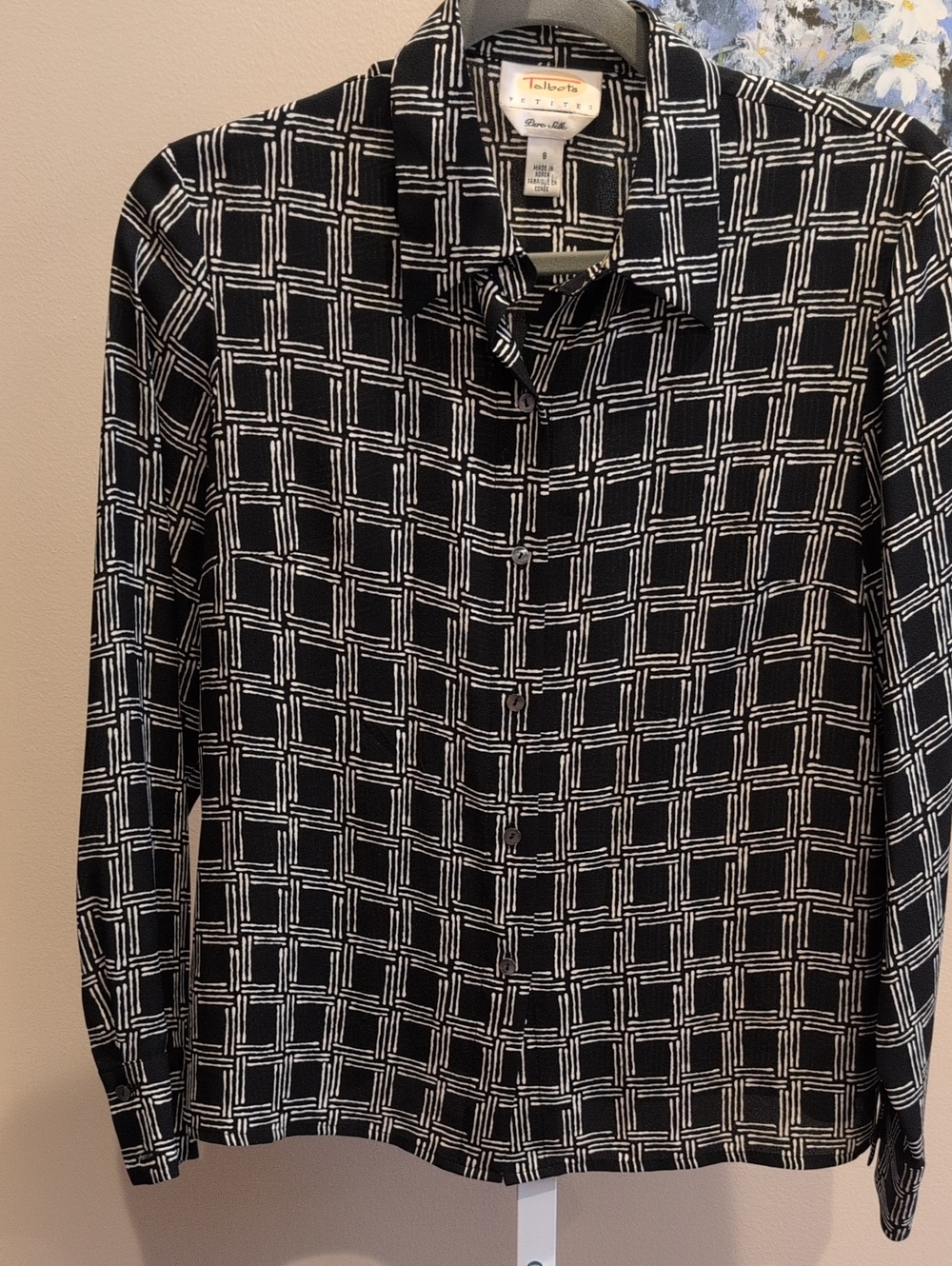 Talbots Black and White Lattice-Pattern Button-Down Pure Silk Blouse.